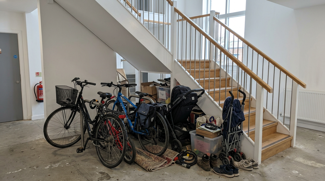 New stairwell with bikes, strollers, clutter under stairs